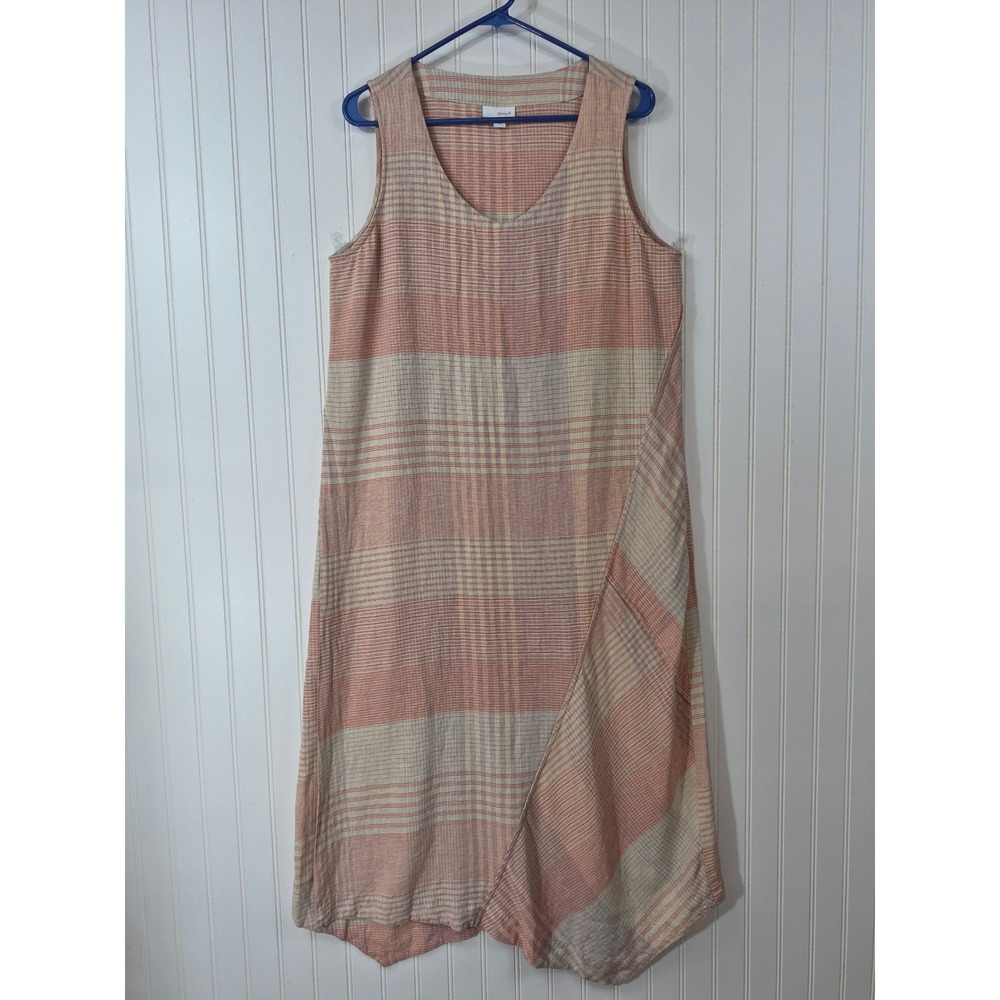 Pure Jill Linen Blend Plaid Sleeveless V-Neck Asymmetrical Hem Midi Dress Med